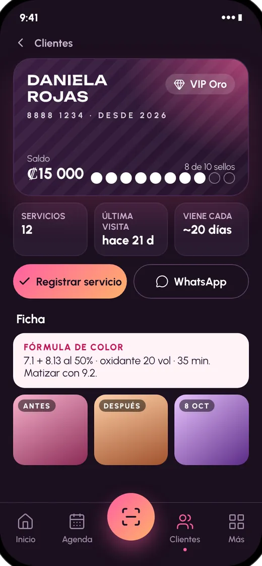 Ficha de la clienta con fórmula de color